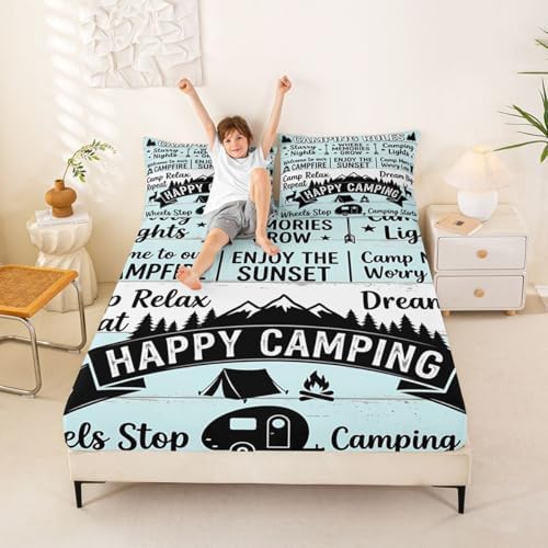 Erosebridal RV Camper Queen Fitted Sheet, Outdoors Camping Theme Bedding Set for Kids Girls Boys, Rustic Cabin Mountain Forest Bed Sheets(No Top Sheet), Camping Lovers Gifts Room Decor - Image 2