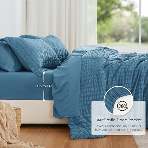 Seersucker Misty Blue Queen Comforter Set, 7-Piece Bed in a Bag - Image 3