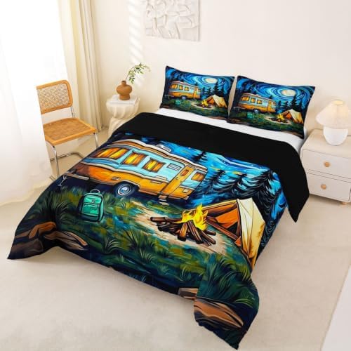 Erosebridal Happy Camping King Bedding Set Galaxy Stars Moon Comforter Set for Kids Boys Girls Camper Car Bed Comforter Sets Rustic Adventure Quilt Duvet - Image 3