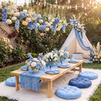 Beeveer Extra Large Outdoor Picnic Blanket with Table Runner Napkins and Floor Pillows Cushions for Picnic Party Camping Wedding Bachelorette Birthday Baby Shower Decor(71x91'',Blue,6 Set) - Image 3