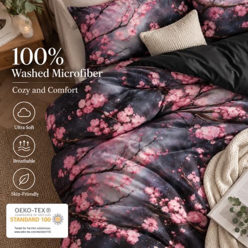 CCoutueChen Cherry Blossom Comforter Set Queen, Black Floral Bedding - Image 3