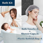 Extguds Disposable Travel Set : Bed Sheet×2+Duvet Cover×2+Pillow case×4+Bath Towels×4+Shower Caps×4+Plastic Bathtub Bag×4+Toilet Seat Covers×4+Compression face Towel×16+Toothbrushes×4+Slippers×4 - Image 3