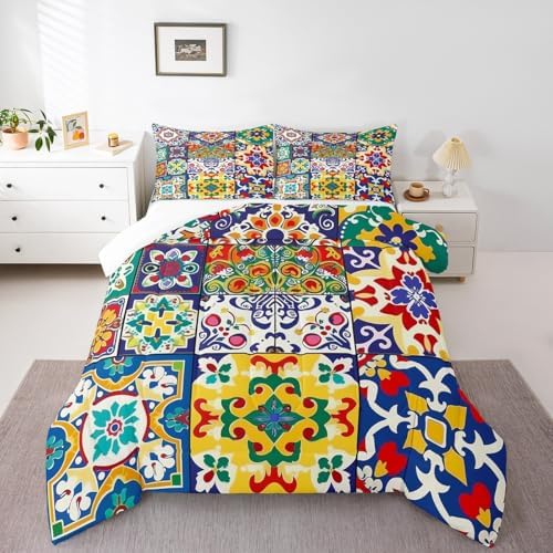 Erosebridal Colorful Mexican Style Toddler Bedding Set,Retro Talavera Tile Comforter Set for Kids Room Decor,Exotic Ethnic Boho Quilt Bed Set Patchwork Floral Print Down Comforter 2Pcs by Erosebridal