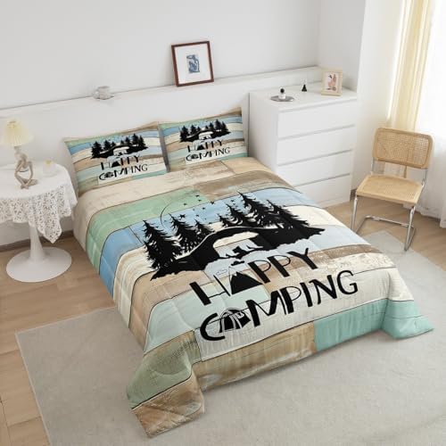Erosebridal Kids Woodland Bear Bedding Set Happy Camping Camper Twin Comforter Set for Travel Trailers Rv Bunks Camper Quilt Set Rustic Farmhouse Barn Door Duvet Insert 1 Pillow Case Green Blue - Image 4