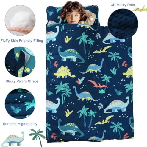 PHF Toddler Nap Mat with Removable Pillow and Minky Blanket, Rollup Design Kids Sleeping Mat, Slumber Bags for Boys, 55"x23" Toddler Sleeping Bag for Daycare Preschool Travel Camping, Dinosaur - Image 4