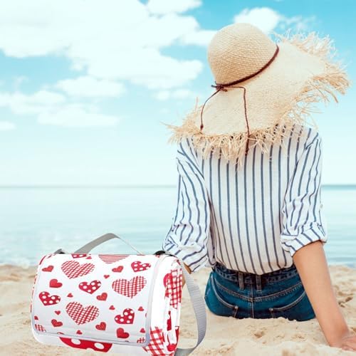 MNSRUU Picnic Blanket Waterproof Foldable, Dotted Heart Large Outdoor Picnic Beach Camping Blanket Travel Mat, Shoulder Strap Tote, Rectangle 57x59in - Image 5