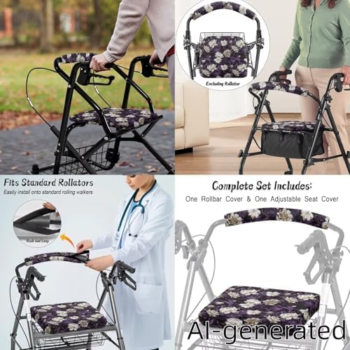 LedBack Mobility Scooter Accessories Sets Walker Seat Rollator Seat Cushion Back Cover for Seniors Purple White Flowers Universal Walker Storage Basket - Image 4