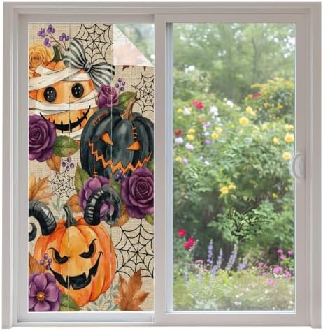 Window Privacy Film Frosted, Pumpkins Halloween Non-Adhesive Static Cling Window Tint, Black Horror Purple Floral Beige Insulated Windows Frosted Films for Living Room, 35.4 x 78.7 Inches by Unknown