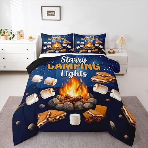 Erosebridal RV Camper Queen Comforter Set, Outdoor Camping Themed Bedding Sets for Kids Girls Boys, Fun Summer Campsite Quilt Bed Set, Hiking Camping Lover Gifts Bedroom Decor by Erosebridal