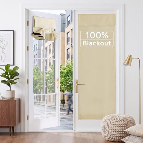 RYB HOME 2 Panels 100% Blackout French Door Curtains Set of 2 - W26 x L72, Biscotti Beige - No Drill Door Window Curtains Thermal Insulated Privacy Assured Shades for Front Entrance by RYBHOME