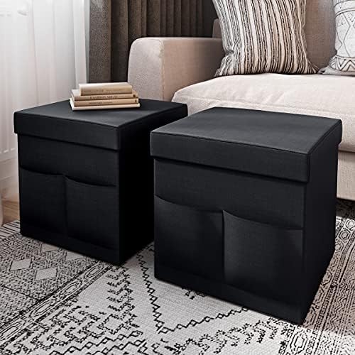 Set of 2 Ottomans with Storage Pockets - 15-Inch Folding Foot Rests or Storage Organizers for Bedroom, Living Room, or Dorm by Lavish Home (Black) by LavishHomeCollection