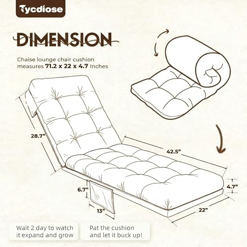 Outdoor Lounge Chair Cushion, Waterproof Replacement Chaise Lounge Cushions for Outdoor Furniture Thickened 71 x 22 x 4.7 Inches Non-Slip Patio Pool Lounge Chair Cushions with Ties (Brown) - Image 2