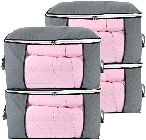 combocube Comforter Storage Bag, Zippered Bag with Large Clear Window and Carry Handles, Space Saver Organizers for Closet, Blanket, Pillow, Quilt, Bedding, Clothes (4Pcs Grey Large) by combocube