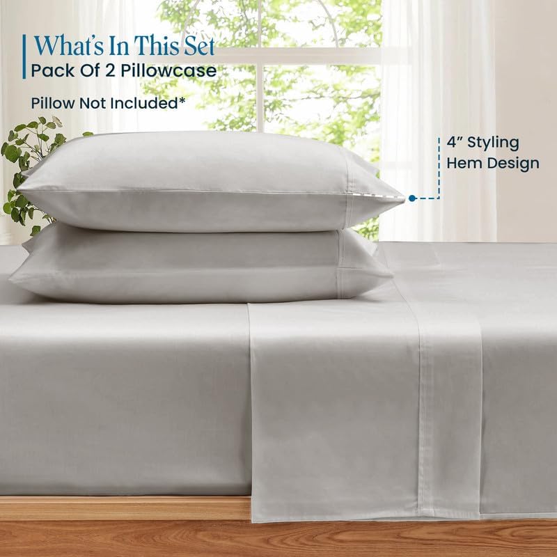 100% Pima Cotton Pillowcases – 800 Series, Ultra Soft & Cooling, Custom Size, Set of 2 – Silver Grey, Hotel Luxury Quality, Envelope Closure, Skin & Hair Friendly - Image 2