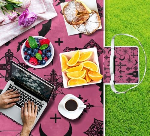 MNSRUU Picnic Blanket Waterproof Foldable, Gothic Bat Moon Castle Large Outdoor Picnic Beach Camping Blanket Travel Mat, Shoulder Strap Tote, Rectangle 57x59in - Image 4