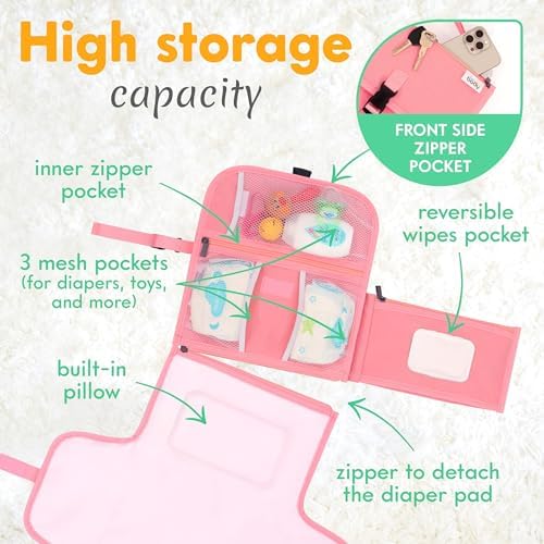 Kopi Baby Portable Diaper Changing Pad with Wipes Pocket, Premium Pink - Image 2