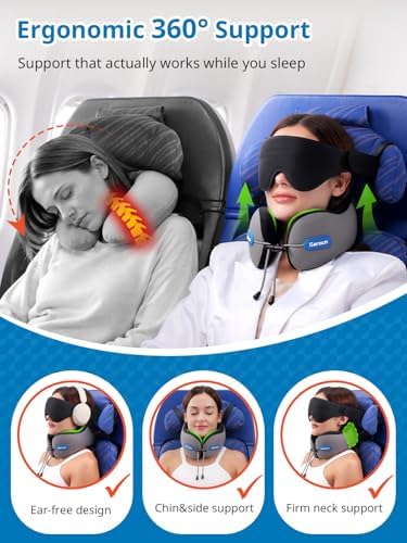 SARISUN Travel Neck Pillow for Airplane with Head Support Strap and 3D Eye Mask, Dual Density Foam Neck Support Airplane Travel Pillow for Long Flights/Car Road Trips/Office Naps, Black - Image 2