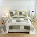 vctops Farmhouse Green 3 Piece Patchwork Quilted Set Floral Embroidery Cotton Bedding Set Lightweight Reversible Bedspread Coverlet 1 Quilt + 2 Pillow Shams (Green Floral,91"x98") - Image 2