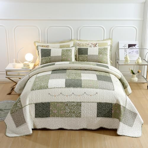 vctops Farmhouse Green 3 Piece Patchwork Quilted Set Floral Embroidery Cotton Bedding Set Lightweight Reversible Bedspread Coverlet 1 Quilt + 2 Pillow Shams (Green Floral,91"x98") - Image 2