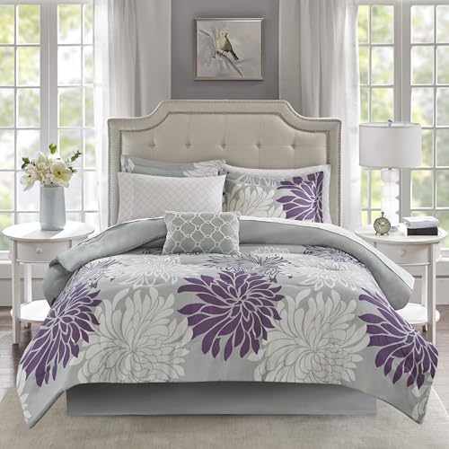 Madison Park Essentials King Comforter Set, Floral Bed in a Bag Purple 9PC - Image 2
