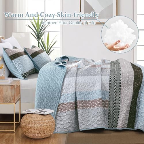 WONGS BEDDING Boho Quilt Queen Size, Patchwork Bedding Set, Blue Brown - Image 6
