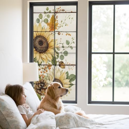 Window Privacy Film Frosted, Pumpkins Sunflower Fall Static Cling Door Window Covering, Thanksgiving Botanical Wooden UV Blocking Windows Film for Office, Hotel, Bedroom, 29.5 x 78.7 Inches - Image 2
