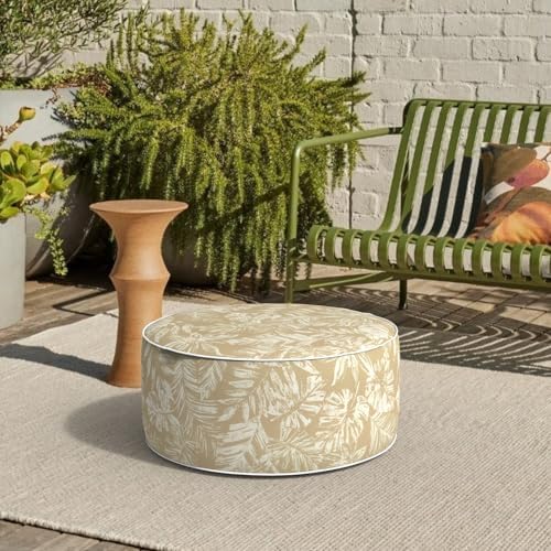Outdoor Patio Inflatable Ottoman, 21x9 Inch Portable Stool Ottoman with Handle, Round Footrest Stool for Home Garden Camping, Tropical Leaf Oat - Image 4