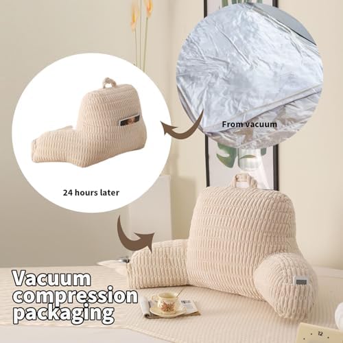 Reading Pillow for Sitting in Bed with Arm,White Corduroy, M - Image 4