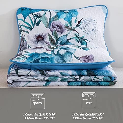 Drucon Floral Quilt Set King 3 Pieces Boho Blue Floral Quilt Coverlet Set - Image 7