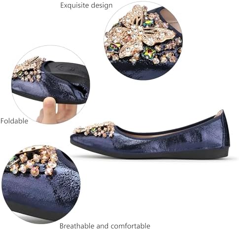 KUNWFNIX Women Ballet Flats Rhinestone Wedding Ballerina Shoes Foldable Sparkly Comfort Slip on Flat Shoes - Image 3