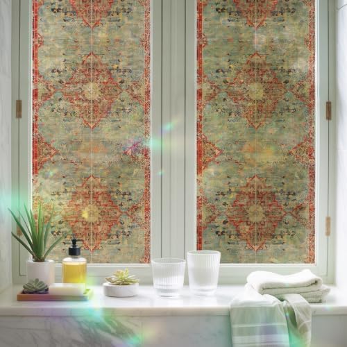 Red Blue Boho Window Privacy Film Rainbow Static Cling Stain Glass Window Film for Glass Door, Decorative Heat Blocking Sunroof Decal Sticker for Car 29.5"x118" Ehtnic Abstract Art Modern Geometric - Image 6