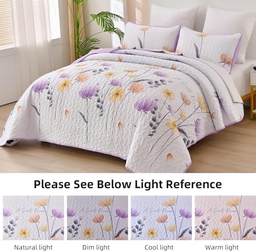 Dinjoy Floral Quilt Set Queen, 3 Pieces Purple Flower Bedspread Coverlet - Image 3