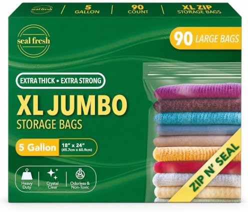 Seal Fresh 5 Gallon Large Plastic Storage Bags - 18 x 24 Inch (90 Count) - Reusable Write-On XXL Extra Large Big Oversized Clear Jumbo Zip Top Bags with Sealable Zipper for Clothes, Travel, Moving by SealFresh