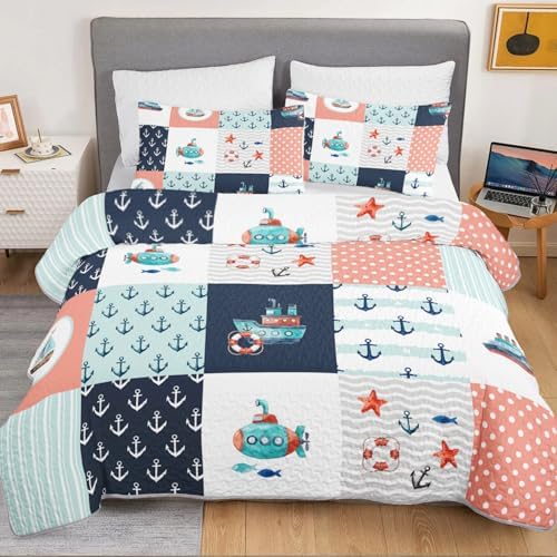 HOSIMA Nautical Patchwork Quilt Twin,Coastal Bedspread with 2 Pillowcases. - Image 3