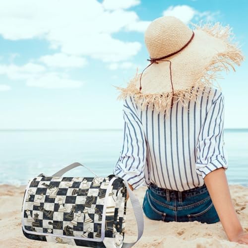 MNSRUU Picnic Blanket Waterproof Foldable, Chess Black White Grid Large Outdoor Picnic Beach Camping Blanket Travel Mat, Shoulder Strap Tote, Rectangle 57x59in - Image 5