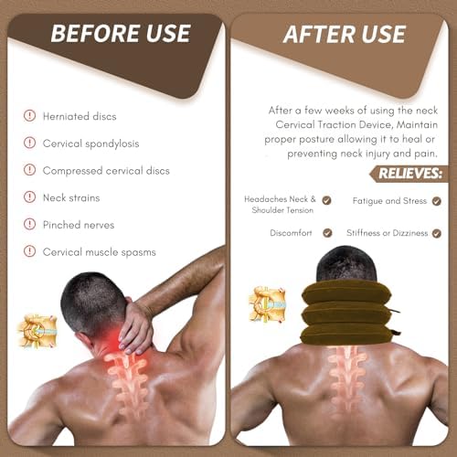 Jaximy Neck Stretcher, Cervical Traction Device, Neck Traction Device, Neck Pain Relief, Adjustable Inflatable Neck Brace & Neck Stretcher, Neck Decompression Home Use (Khaki Brown) - Image 3