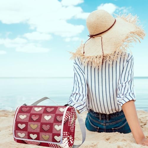 MNSRUU Picnic Blanket Waterproof Foldable, Red White Checkered Heart Large Outdoor Picnic Beach Camping Blanket Travel Mat, Shoulder Strap Tote, Rectangle 57x59in - Image 5