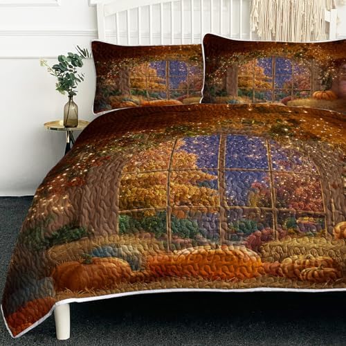 BlessLiving Fall Quilt Set King Size: Soft Lightweight Pumpkin Bedspreads by BlessLiving