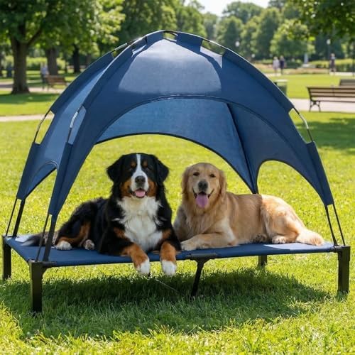 Elevated Dog Bed with Canopy Raised Pet Cot for Large Dogs, Outdoor Dog Cot with Removable Sun Shade Tent, Breathable Mesh Portable Dogs Cot for Camping, Beach, Backyard, Outdoor Use by Lesguyor