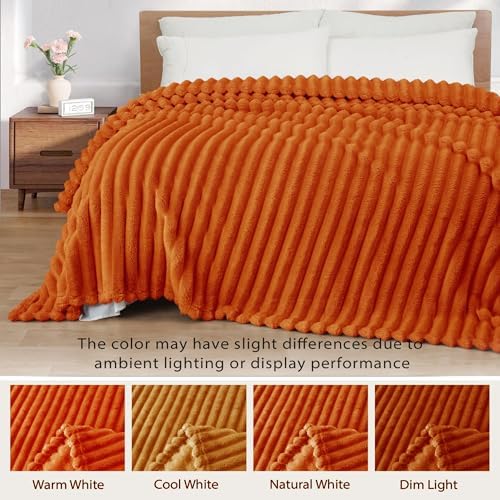 Exclusivo Mezcla Striped California King Fleece Bed Blanket, Burnt Orange - Image 3