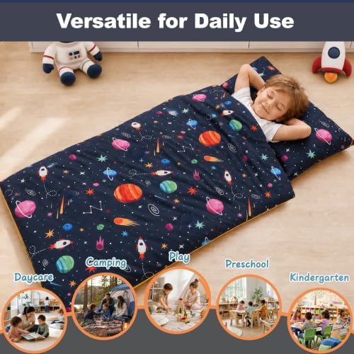 Toddler Nap Mat with Pillow, Kids Sleeping Bag, Space - Image 2