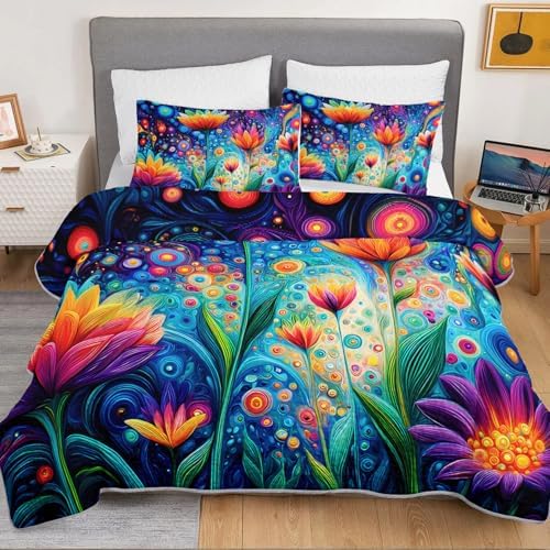 HOSIMA Colorful Dreamy Hippie Boho Floral Quilt Queen with 2 Pillowcases. - Image 3