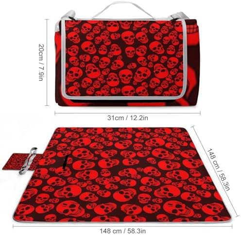 Portable Foldable Outdoor Camping Blanket Red Skulls Art Waterproof Sandproof Picnic Mat for Beach, Park, Travel - Image 2