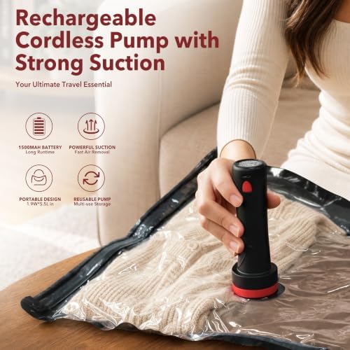 MEIQIHOME 28 Pack PackEase Travel Vacuum Bags 1500mAh Wireless Pump, 80% Compression Space Saver for Luggage, Clear PA+PE Reusable Seal Bags for Clothes, Portable Electric Air Pump for Travel & Home - Image 3