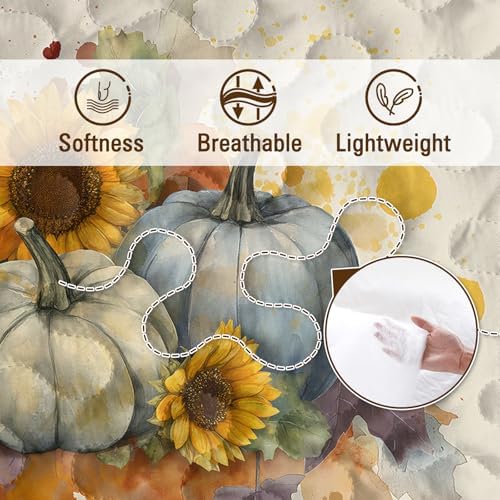 BlessLiving Queen Quilt Watercolor Pumpkin Sunflower Halloween Fall Bedding - Image 5
