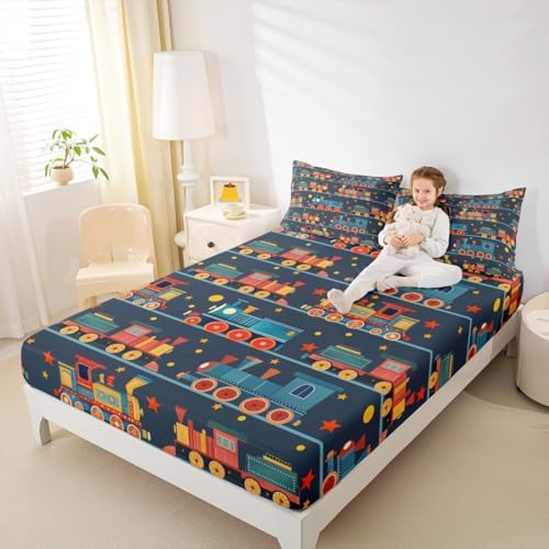 Erosebridal Vintage Train Fitted Sheet for Boys Girls Kids Cartoon Trains Twin Bed Sheets,Railroad Print Sheets Colorful Steam Engine Bedding Sets, No Top Sheet - Image 3