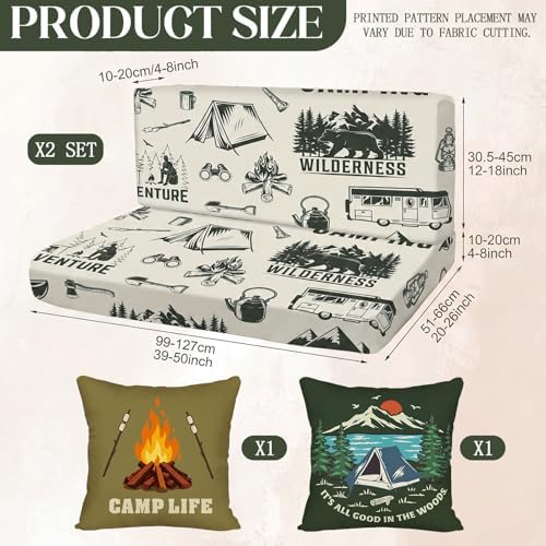 Tiamon RV Dinette Cushion Covers Set - 6 Pcs Camping Theme Cushion Slipcovers for Camper Car Bench Seat Replacement, 2 Pillowcase, 2 Backrest, 2 Bench Cover(Fabric,Green Camp) - Image 2