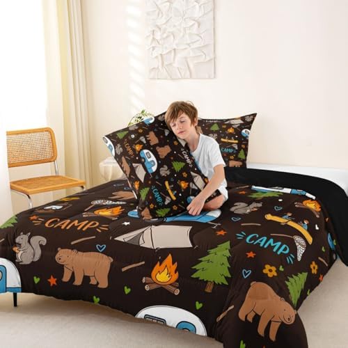 Erosebridal RV Camper Comforter Set King Size, Forest Theme Camping Bedding Sets for Kids Girls Boys, Woodland Animal Print Bear Bed Set Quilt, Outdoor Travel Trailer Room Decor - Image 4