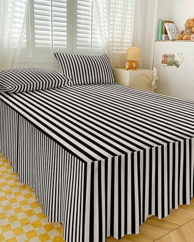 Black Striped Bed Skirts for Queen Bed 18 Inches Drop, Wrap Around Bedskirt Dust Ruffle Pleated Bedspread Modern Simple Farmhouse Beige Vintage Fitted Sheet with 2 Decorative Pillowcase 30"x20" - Image 3