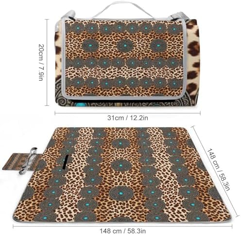 Outdoor Family Beach Picnic Blanket Rustic Brown Teal Western Country Tooled Leather Pattern Waterproof Large Picnic Mat Foldable Sandproof Camping Blanket - Image 2